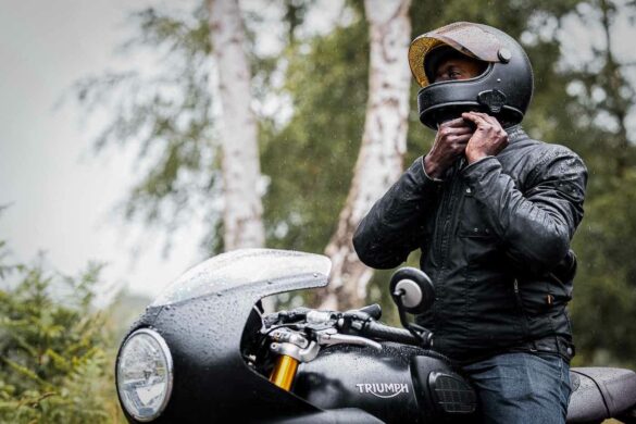 Triumph Thruxton Rider wearing a Merlin Nomad Waxed Cotton Jacket