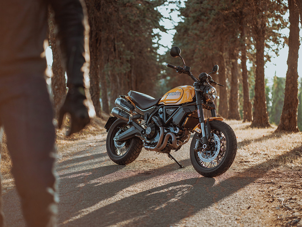 Ducati Scrambler 1100 Tribute Pro parked on a countryside avenue