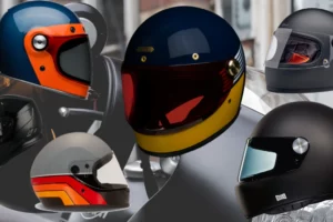 An assortment of the retro motorcycle helmets