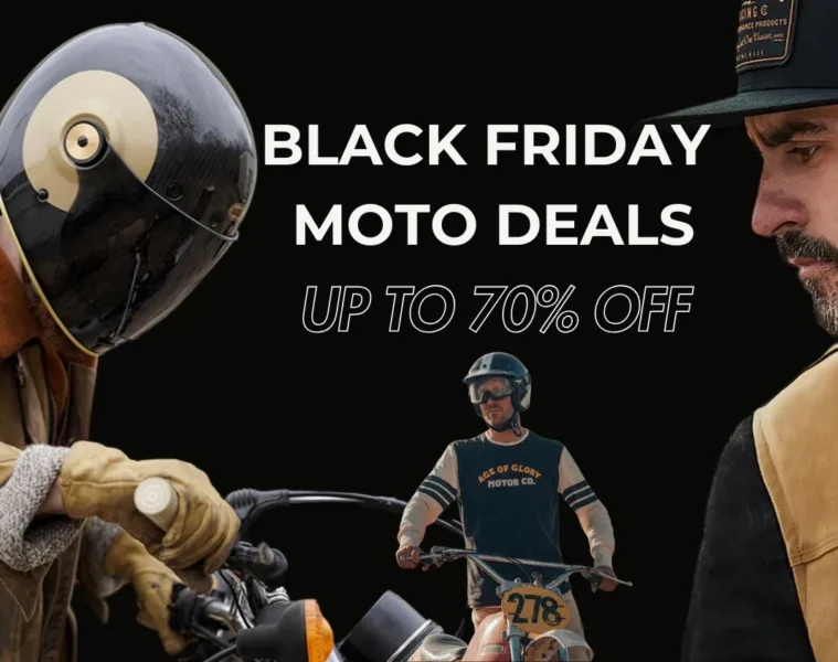 Collage Retro Riders view Black Friday Motorcycle Deals badge