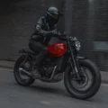 Rider on a Mutt Motorcycles DRK-01 125 cc Candy Red