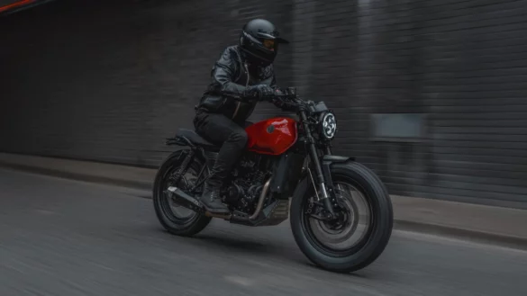 Rider on a Mutt Motorcycles DRK-01 125 cc Candy Red