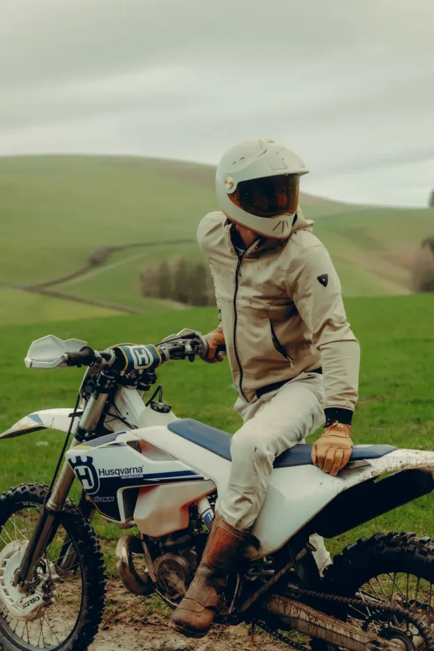 Hedon Psilo Explorer: The ADV Helmet Reimagined 12 Rider on a Husqvarna wearing the Ivory Nomad