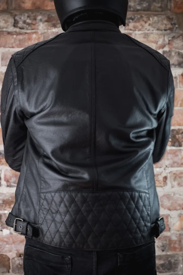 Pando Moto Twin Leather Jacket Review - Road Tested over 620 miles: Looks and Excellent Performance 19 Rear view - Pando Moto Twin showing outline of armour