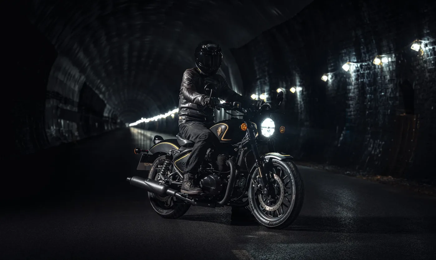 There Isn't Anything Rough about Rough Crafts x Shotgun 650 - Ultra-Limited Edition Royal Enfield 4 Limited Edition Rough Crafts x Shotgun 650 with rider in a dark tunnel