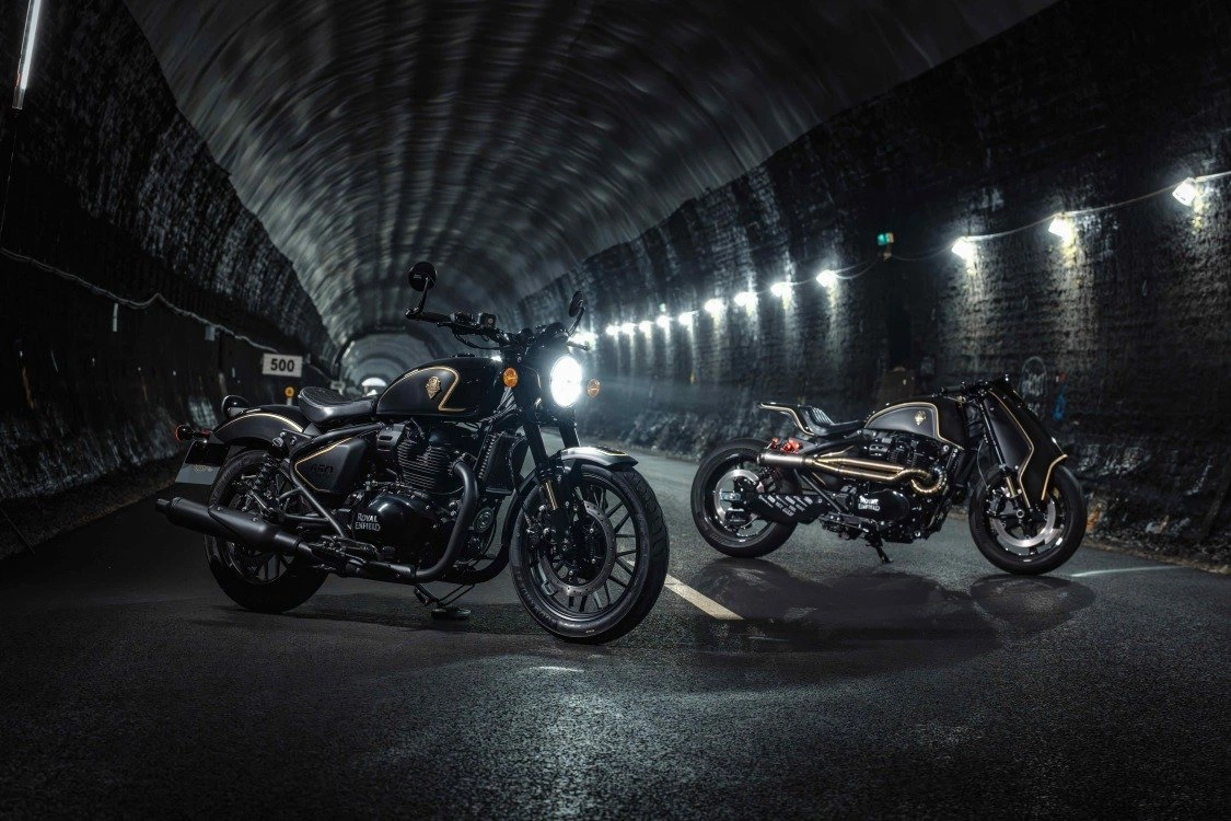 There Isn't Anything Rough about Rough Crafts x Shotgun 650 - Ultra-Limited Edition Royal Enfield 18 Limited edition machine and Caliber Royale side by side in a dark tunnel