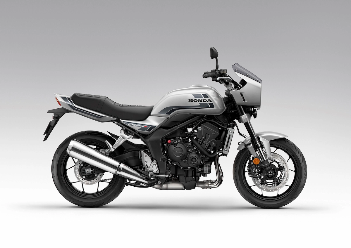 What is the New Honda Retro Style Motorcycle? 22 Honda CB1000F in Wolf Silver Metallic - Grey Stripe with bikini fairing exhaust side