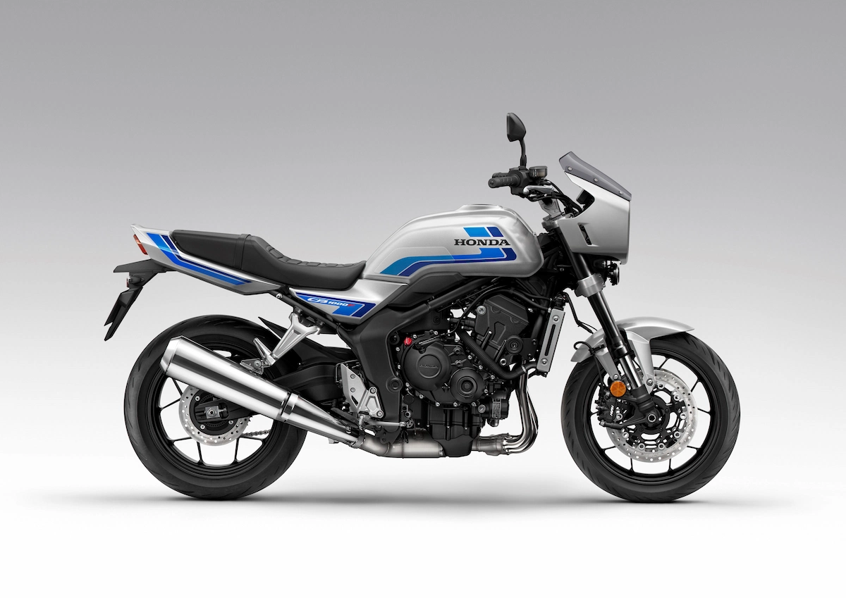 What is the New Honda Retro Style Motorcycle? 11 Honda CB1000F in Wolf Silver Metallic - Blue Stripe with front fairing