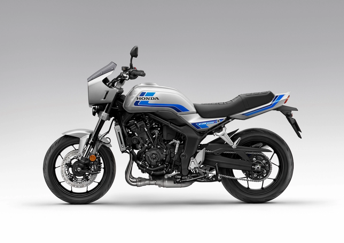 What is the New Honda Retro Style Motorcycle? 4 Honda CB1000F in Wolf Silver Metallic - Blue Stripe with bikini fairing lhs