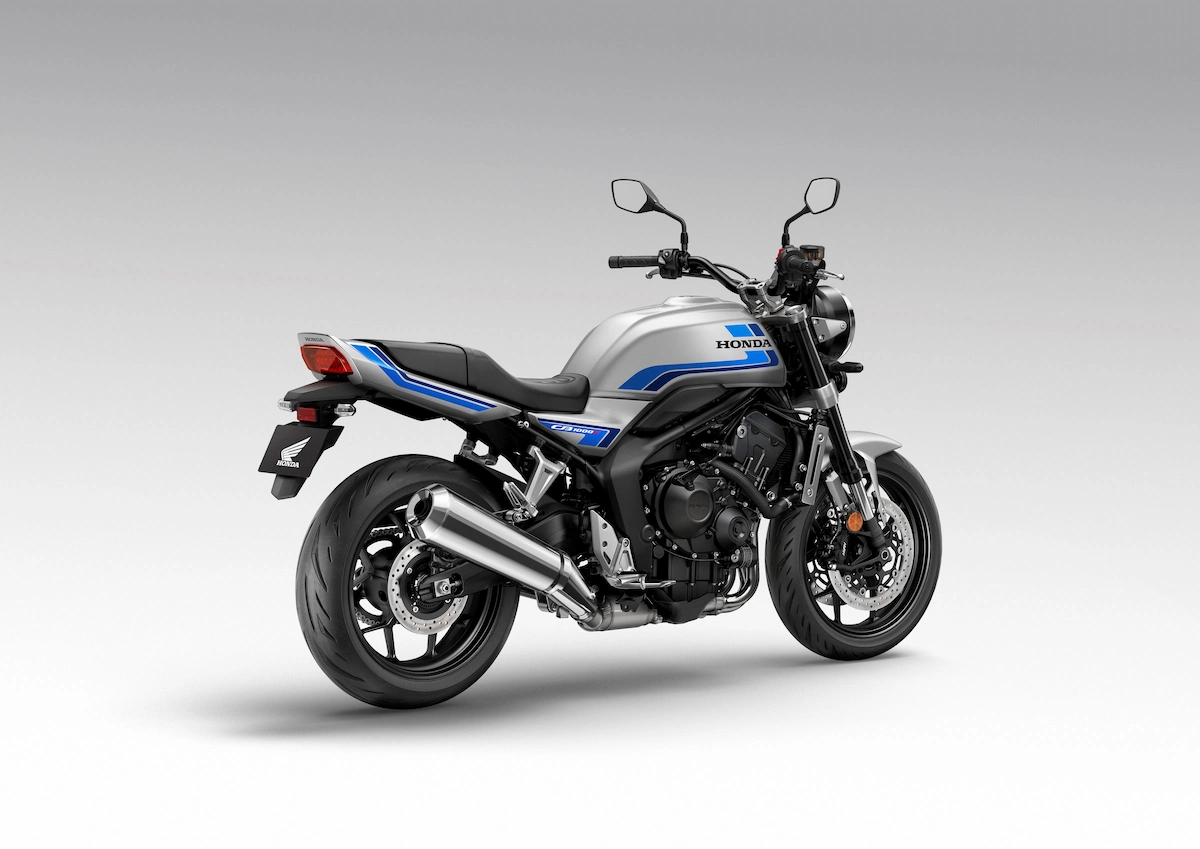 What is the New Honda Retro Style Motorcycle? 12 Honda CB1000F in Wolf Silver Metallic - Blue Stripe without bikini fairing rear angle