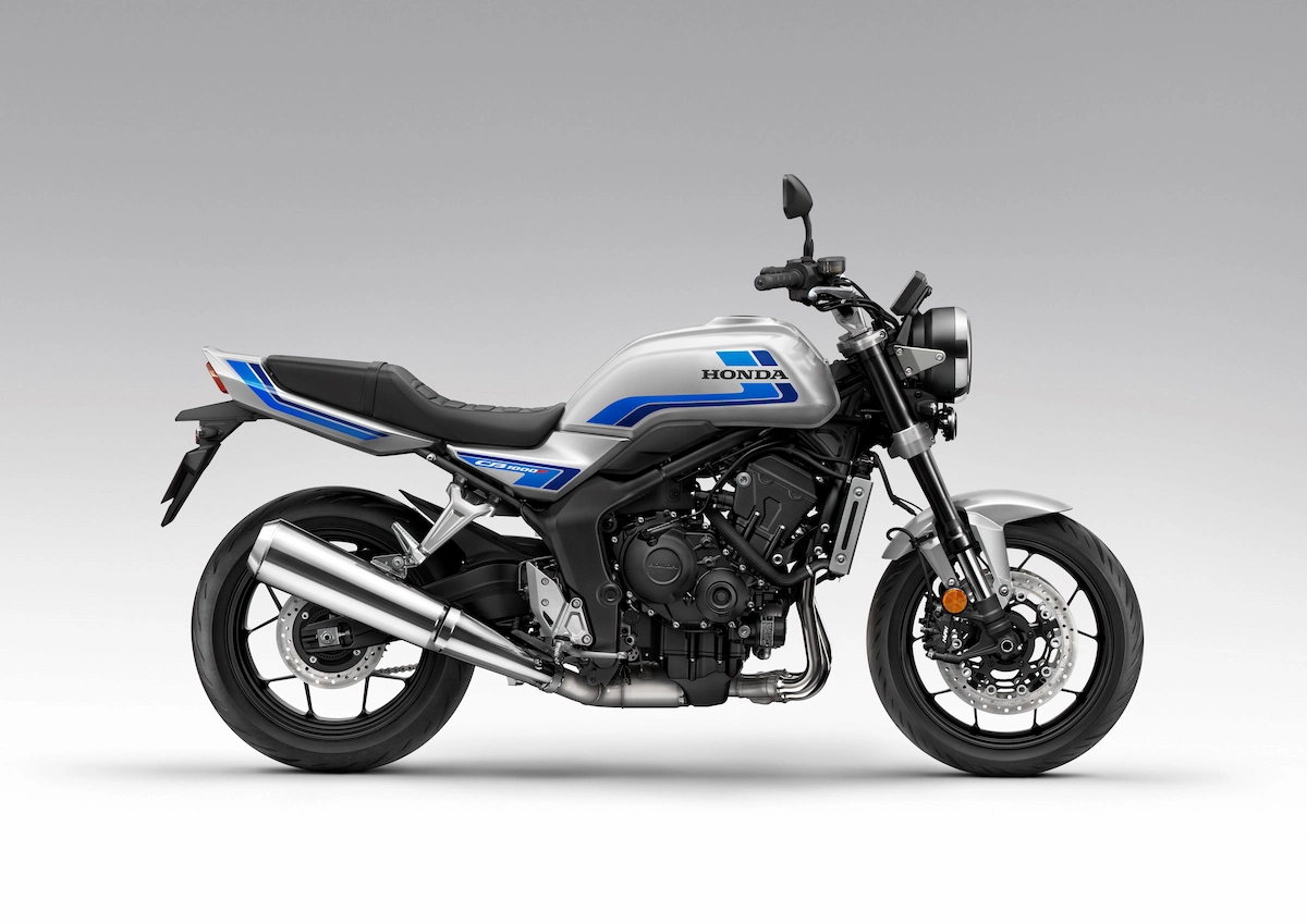 What is the New Honda Retro Style Motorcycle? 18 Honda CB1000F in Wolf Silver Metallic - Blue Stripe without bikini fairing rhs