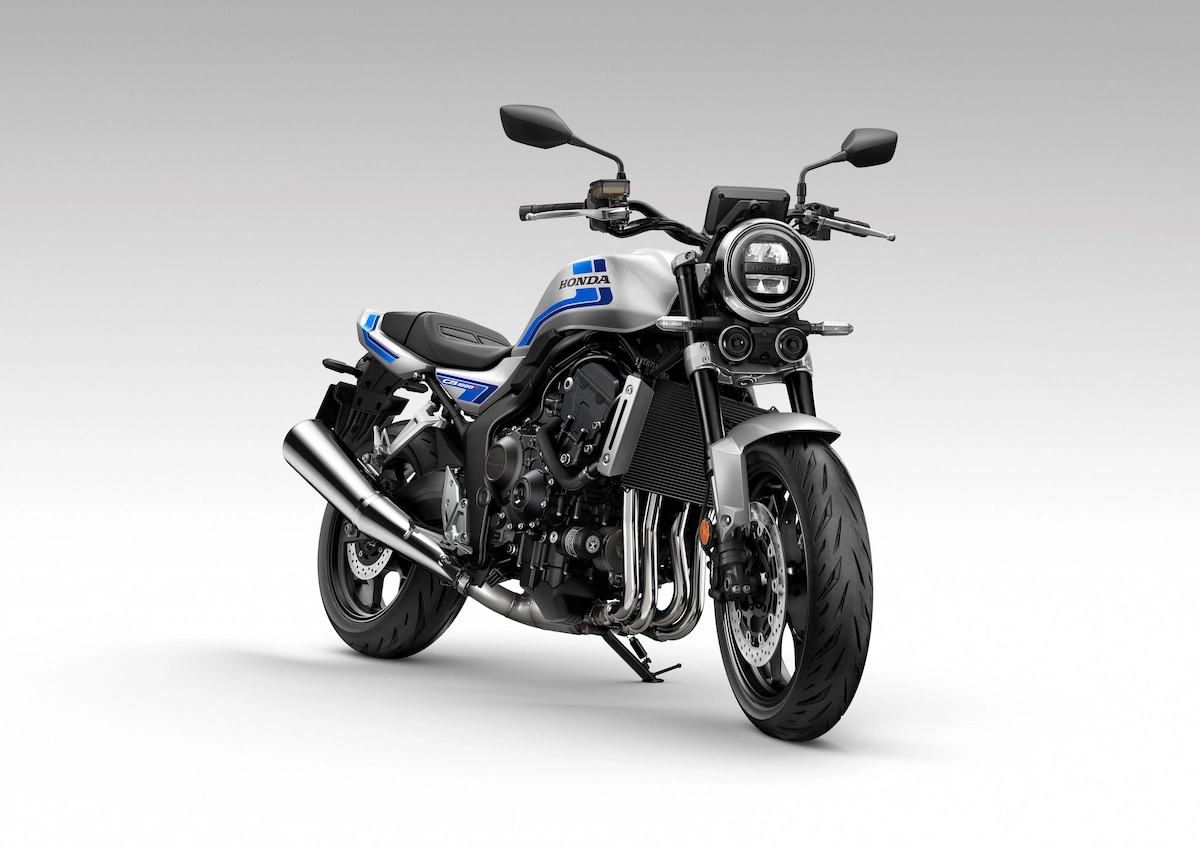 What is the New Honda Retro Style Motorcycle? 10 Honda CB1000F in Wolf Silver Metallic - Blue Stripe without bikini fairing front angle